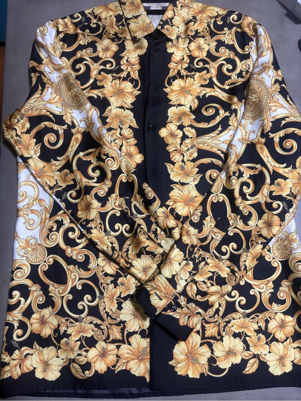 Versace Baroque Hibiscus Print Shirt | Black Gold Floral | Made in Italy Size 40